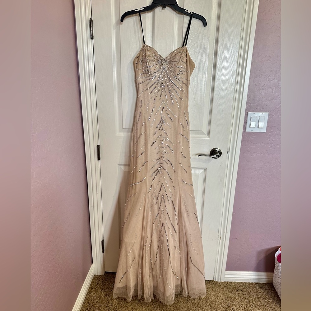 LIKE NEW Bee Darlin Elegant Beige embellished Strapless Evening Gown